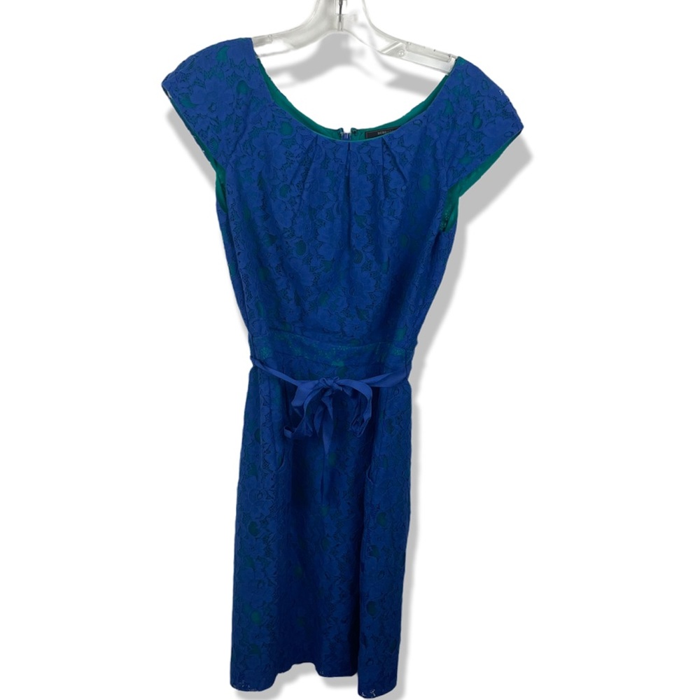 BCBGMaxAzria Lace Cap Sleeve Tie Front Royal Blue Scoop Neck Pockets Dress 6P